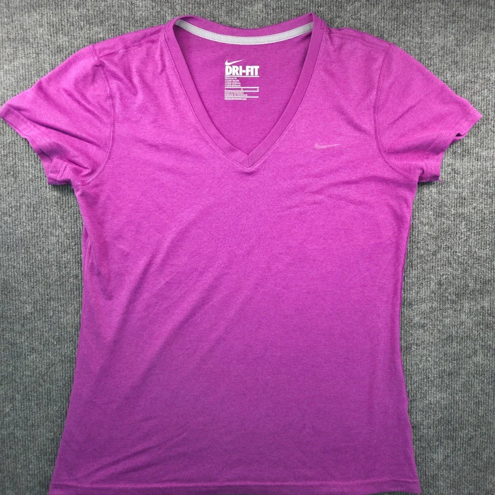 Nike Dri-FIT V-Neck Training Shirt Womens Large Purple Short Sleeve Athletic Top